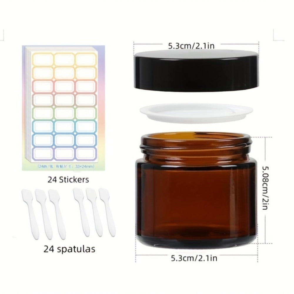 Frosted Glass Jars with Lids – 24 Pack 2 oz Brown Glass Cosmetic Containers with Spoons & Labels, Non-Slip Base, Multi-Purpose Storage for Lotion, Powder, Candle Making, Makeup & Skincare