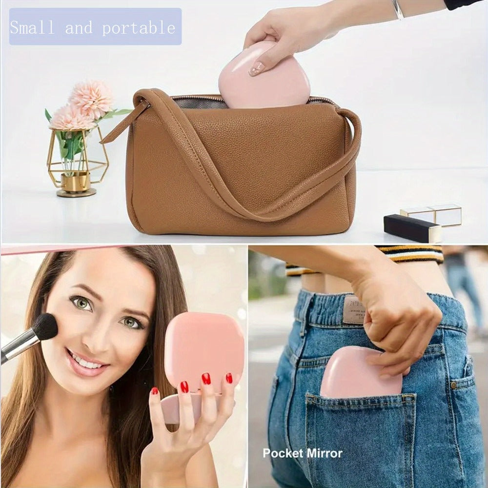 Handheld Mirror with LED Lights, Featuring a Double-Sided Design, Three Brightness Settings, USB Rechargeable Capability, And a Foldable, Portable Structure, Ideal for Makeup Application And Travel, Including Regular And 2X Magnification Options.