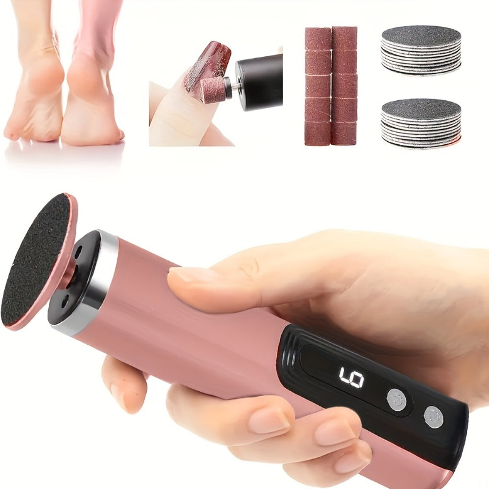 Electric Foot File & Callus Remover - USB Rechargeable 2-in-1 Foot Trimmer with Adjustable Speed, 2 Sanding Heads & 10 Sandpaper Pads, Portable Pedicure Tool for Dry Dead Skin, Pink