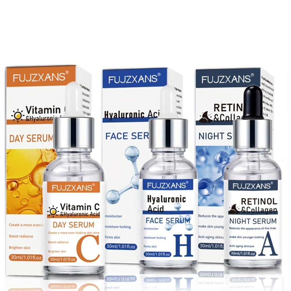 Day & Night Retinol+Vitamin C+Hyaluronic Acid Serum Set for Face skincare ; make Light Beige younger-looking ; Deep Hydration ; Moisturizing Facial Essence kit for Women