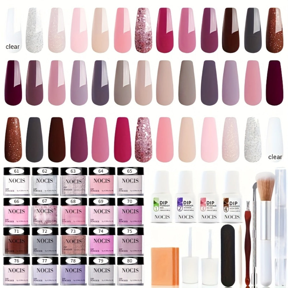 NOCIS 33pcs Impregnation Powder Nail Art Kit - Dip Manicure Kit with 20 pink purple brown Glittering Colors, Top/Primer Activator, and French Style Nail DIY Essentials for Salon-Quality Results at Home - Perfect Gift for Girls