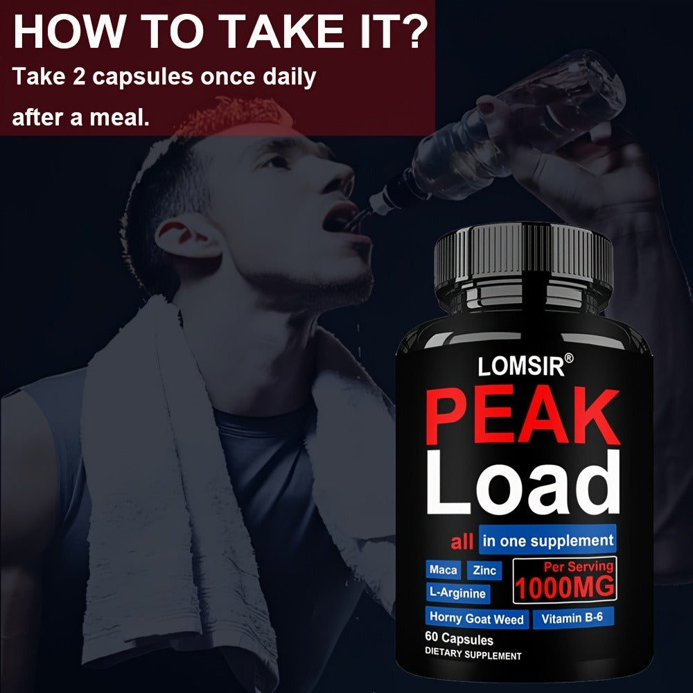 LOMSIR PEAK Load Capsules - 7-in-1 Botanical & Nutrient Complex with L-Arginine, Zinc & Vitamin B6, 1000mg Per Serving, 60 Capsules