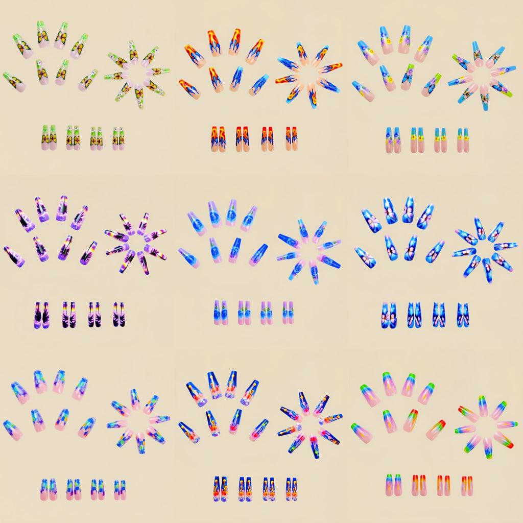 A Set of 216 Press-On Fake Nails, Featuring a Combination of Nail Art Stickers for The New Year. This Spring And Summer Collection Includes Floral And Butterfly Designs, with a Shiny, Colorful Mix of Removable Nail Stickers in a Box. The Medium-Lengt