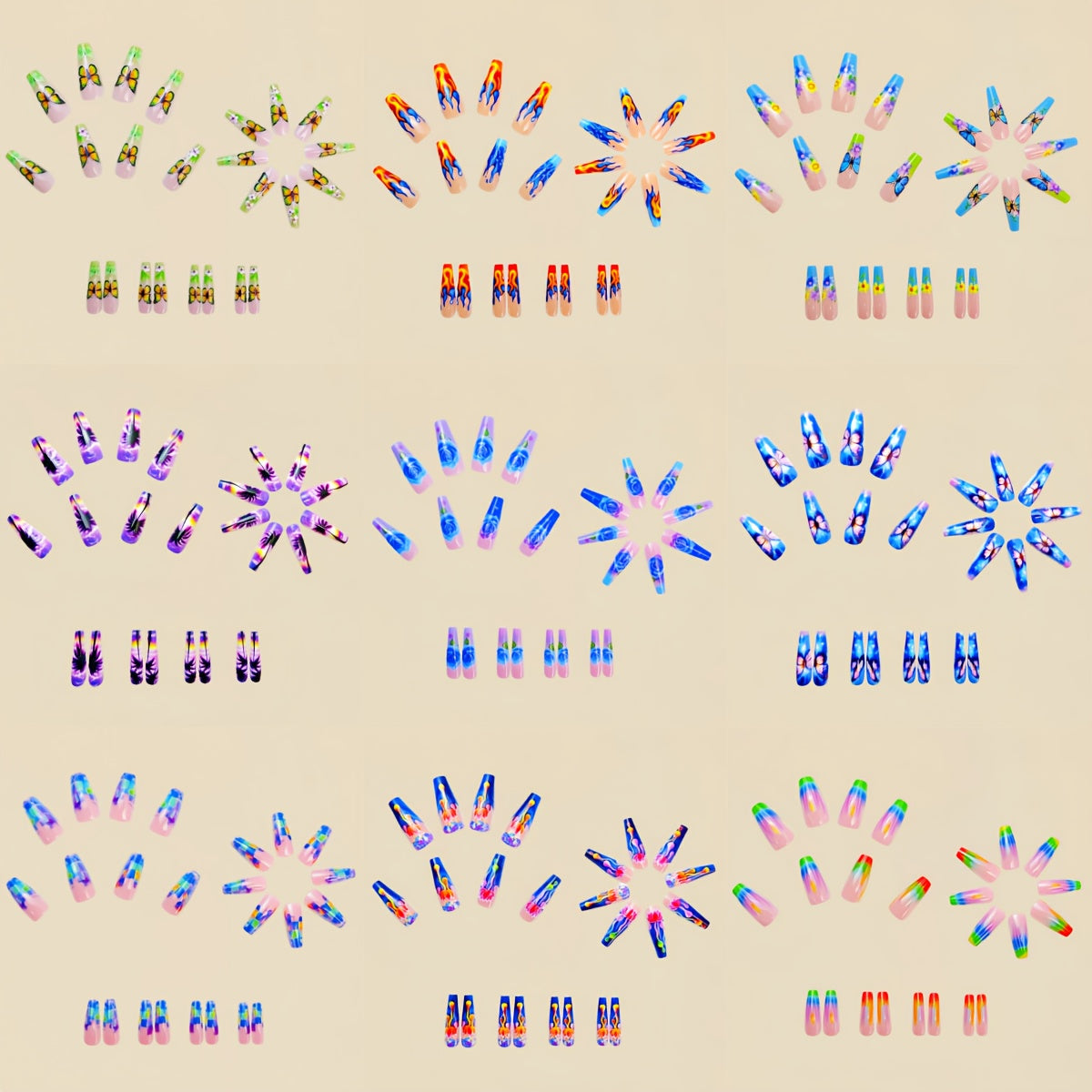 A Set of 216 Press-On Fake Nails, Featuring a Combination of Nail Art Stickers for The New Year. This Spring And Summer Collection Includes Floral And Butterfly Designs, with a Shiny, Colorful Mix of Removable Nail Stickers in a Box. The Medium-Lengt