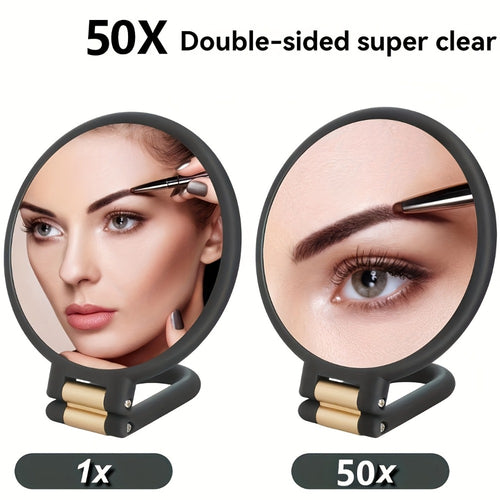 50X Magnifying Makeup Mirror Double Sided Handheld, 1X/50X Zoom Portable Compact Mirror with 360° Rotating Handle, Desktop Hanging & Hand Held Use — Black & White