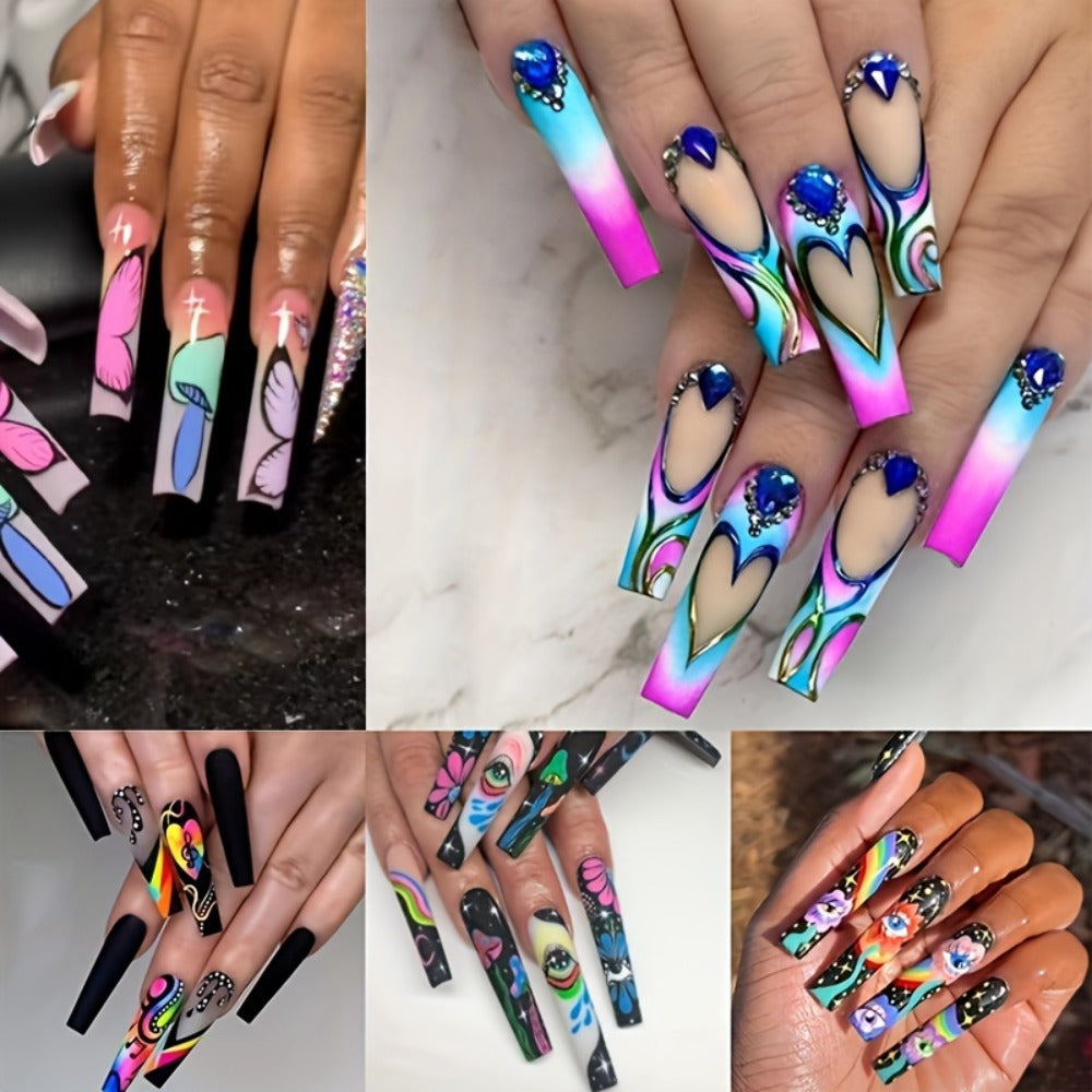 5 Boxes (120pcs Extra Long Press on Nails Fake Nails Set - Cosmic Eyes And Crystal Rhinestones Matte with Glue on Nails Colorful Stripes Floral Patterns Wearable Nail Art Festive Gift Set