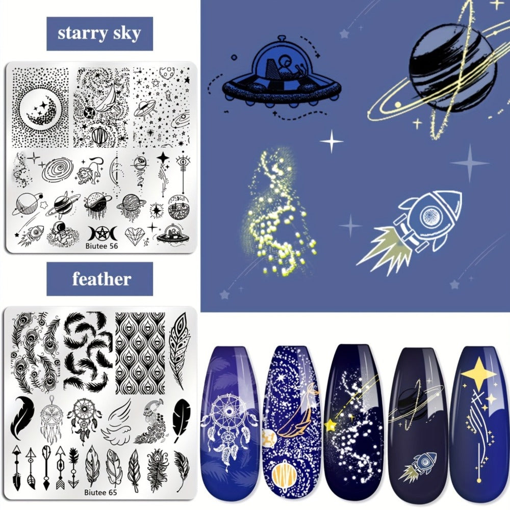 Biutee Nail Stamping Plate Set Of 14pcs, Including 10 Mini 1.57*4.72 inch Metal Plates, 1 Single-head Stamp, 2 Clear Stamp Heads, And 1 Pattern Scraper