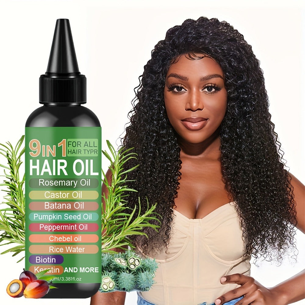 Rosemary Hair Oil 9-in-1 100ml — Rice Water, Castor, Batana, Biotin & Keratin Blend, Moisturizing Smoothing Split End Repair Hair Oil for All Hair Types