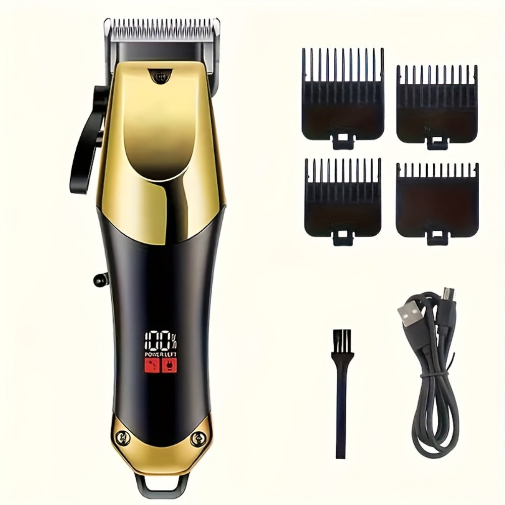 Golden Hair Cutting 1/3pcs Set, Men'S Grooming Kit. USB Rechargeable, LCD Display. Includes 1 Black And Golden Professional Hair Clipper + 1 Golden Men'S Razor + 1 Golden T-Blade Trimmer + 8 Guide Combs + 3 Cleaning Brushes + 1 Comb