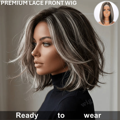 Bob Wig 4x1 U Part Lace Front Rose Net Cap - Middle Part Glueless Wig for Women Brown Highlights Milky White Black Pink 14 Inch