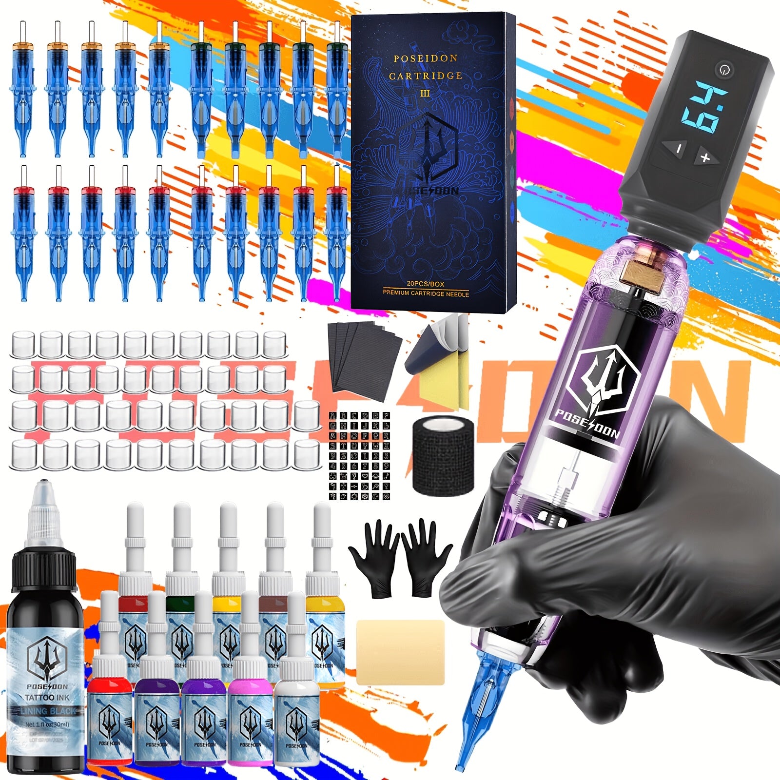 POSEIDON Tattoo Machine Kit Tattoo Gun Kit Complete Set With 20 Tattoo Needles 1500mAh Battery, Tattoo Machine Cordless Tattoo Machine Tattoo Supplies 11 Tattoo Inks Complete Cordless Machine For Beginners And Tattoo Artists, Perfect Gift