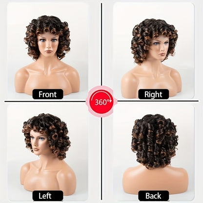 Kinky Curly Afro Wig with Bangs 14 Inch Synthetic Hair Wig for Black Women Ombre 2 Tone Black Brown Golden Natural Volume Daily Wear Hair Replacement Wig