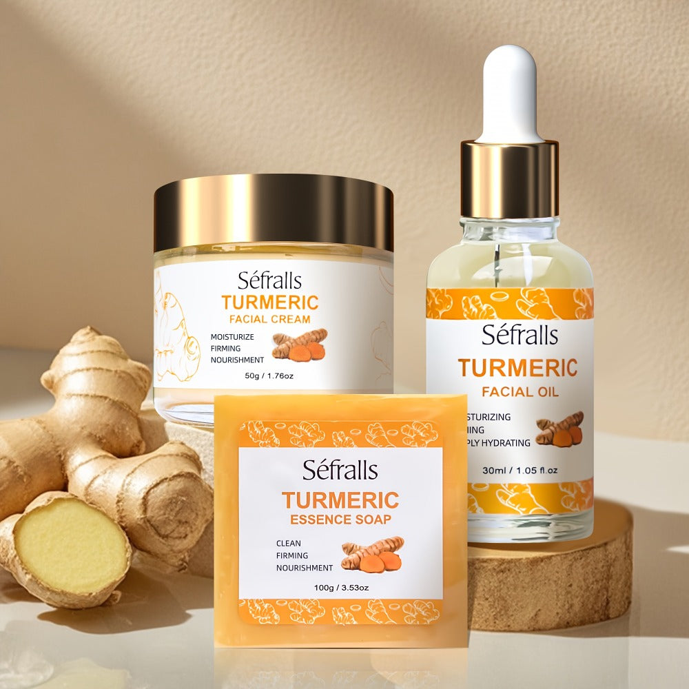 Sefralls Turmeric 3pcs/Set, Includes Turmeric Facial Cream, Turmeric Essential Soap, Turmeric Facial Essential Oil, Deeply Cleans Facial Pores, Moisturizes The Skin, Gently Balances Oil, Rich In Turmeric Extract, The Best Gift - Essential for Travel