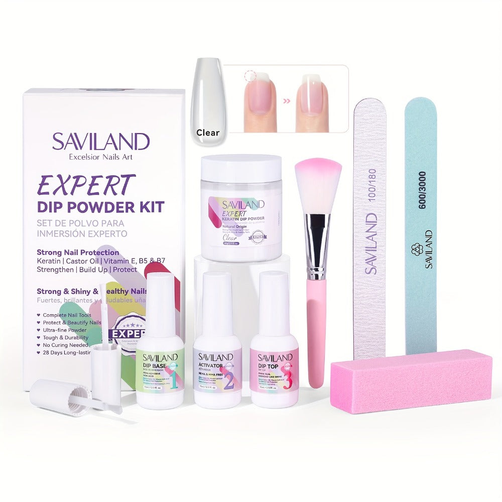 SAVILAND Clear Dip Powder Nail Kit Starter: 60G 2.1Oz Dip Powder for Nails with Dipping Powder Liquid Set Including Dip Base, Activator, And Top Coat. A Professional Dip Nail Kit Ideal for Repairing French Manicures And Nail Art.