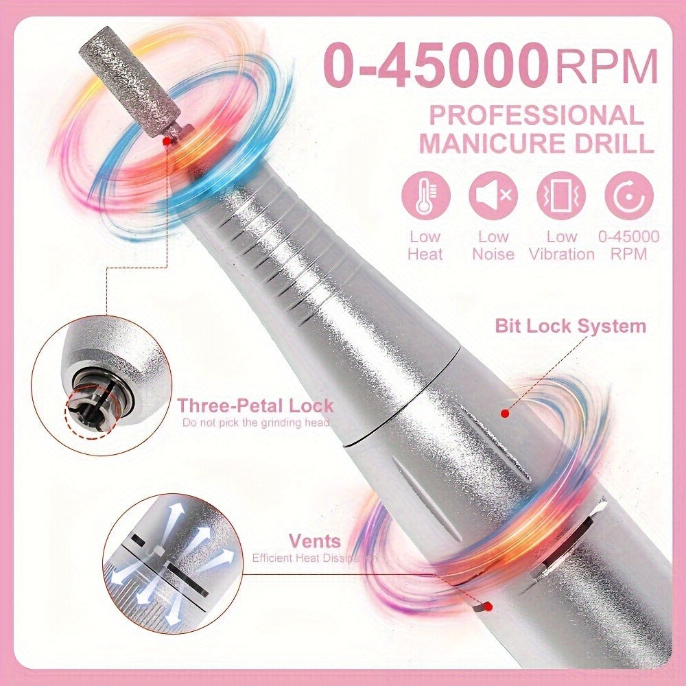 45000RPM Adjustable Speed Low-noise Nail Drill Cordless Display Power Portable Nail File Nail Grinder Suitable for Home Nail Salon Gel Nail Polishing for Nail Salon And Home