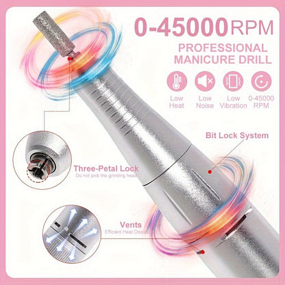 Cordless Nail Drill 45000RPM Adjustable Speed Low Noise with Power Display Portable Nail File Grinder for Gel Acrylic Nails Manicure Pedicure Home Salon Use Pink White Purple