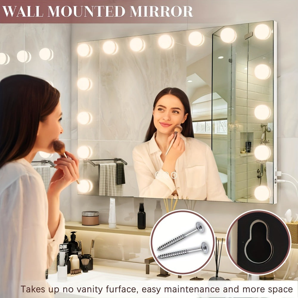 Vanity Makeup Mirror with Lights: Hollywood Mirror with 15LED Bulbs - Large 23"x19" Desk Mirror for Wall, Dimmable 3 Lighting Modes, USB Charger Port, White
