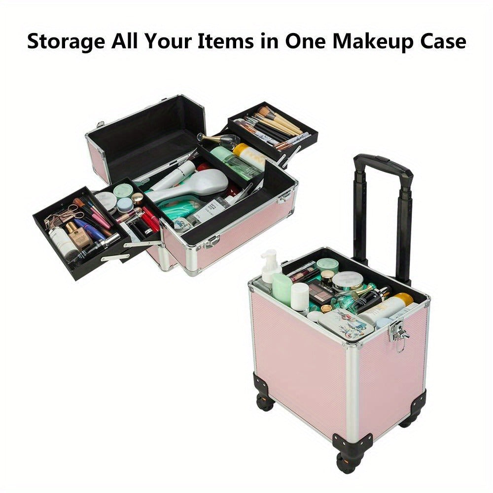 Rolling Makeup Train Case 4-in-1 Aluminum Lockable 4 Removable Wheels Collapsible Trays DIY Compartments Telescopic Rod Cosmetic Organizer Trolley for Makeup Artists Salon Travel Black Pink Rhinestone