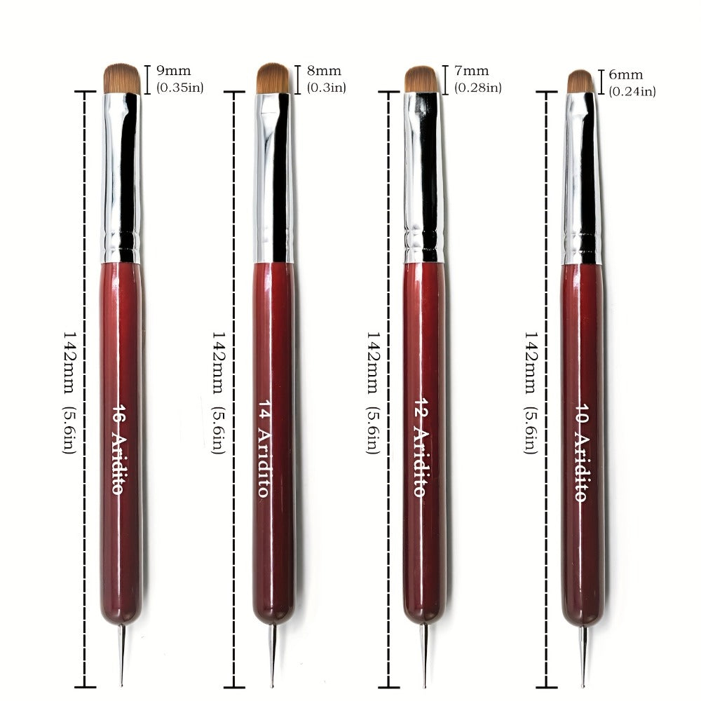 4pcs Aridito Professional Acrylic French Manicure Clean-Up Brushes & Dotting Pens - Red Wood Handles, Precision Tips (#10, #12, #14, #16) for Nail Art, Cuticle Care - Essential Manicure Tools for Home & Salon Use, Modern Metallic Finish | Metallic Ferrule