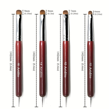 Nail Art Brushes Set 4pcs Acrylic French Manicure Brushes & Dotting Pens - Red Wood Handle Precision Tips #10 #12 #14 #16 for Nail Art Cuticle Care Home Salon