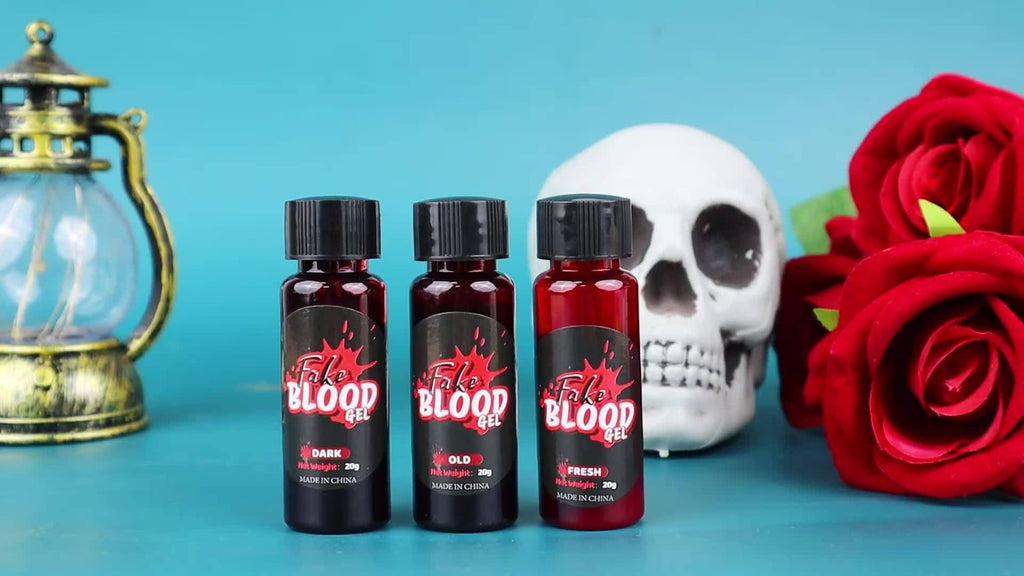 3pcs Fake Blood Makeup Kit, Realistic Sticky Fake Fresh Blood with Brush, Washable Coagulated Dark Old Blood, Theater, Zombie, Vampire Monster SFX Scary Clown Cosplay Makeup Special Effects Dress Up