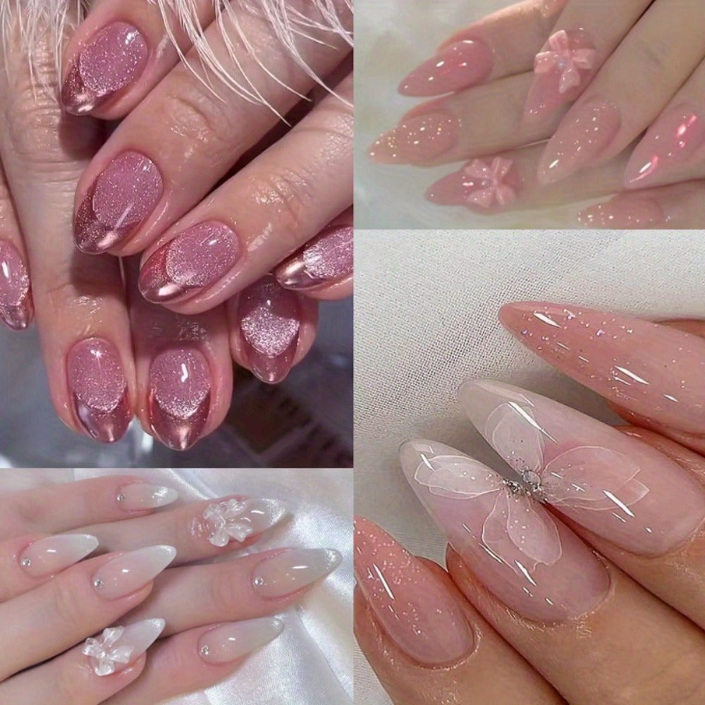 96pcs 4pcs Shiny Ice Pink Gradient Almond Nails - Exquisite Flower Butterfly Design, Easy to Bloom with Press - Perfect Daily Wear for Women and Girls