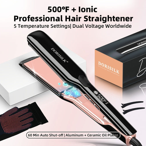 Professional Hair Straightener Flat Iron 500°F — Plasma Ionic Ceramic Plates, LCD Display, 60-Min Auto Off, Frizz Control for All Hair Types