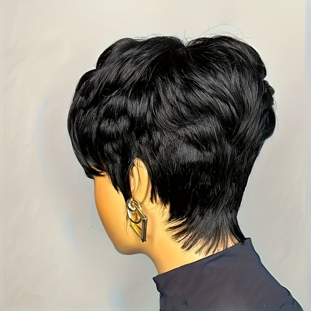 Women'S Pixie Cut Wig with Bangs, Human Hair, Straight, Non-Lace, Rose Net Cap, 180% Density, Machine Made, Glueless, Suitable for African Women - Basic Style