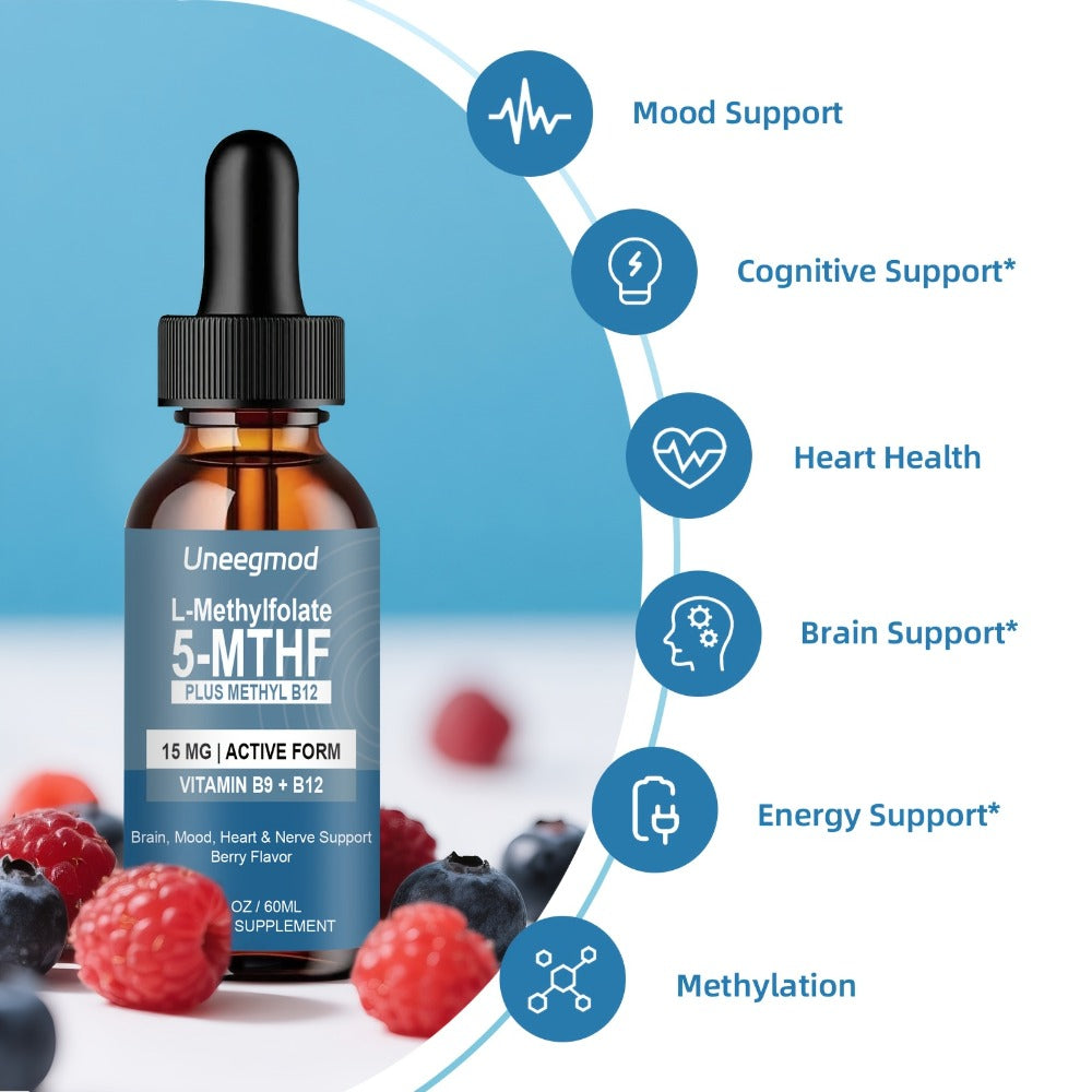 [L Methylfolate 15mg] Uneegmod L Methylfolate 15mg Methylated B9 Vitamin (5-Mthf) Active Folic Liquid Supplement Drops Acid-Enriched with Vitamins B12 Methylated Multivitamin 2fl.oz Gluten Free Berry Flavor