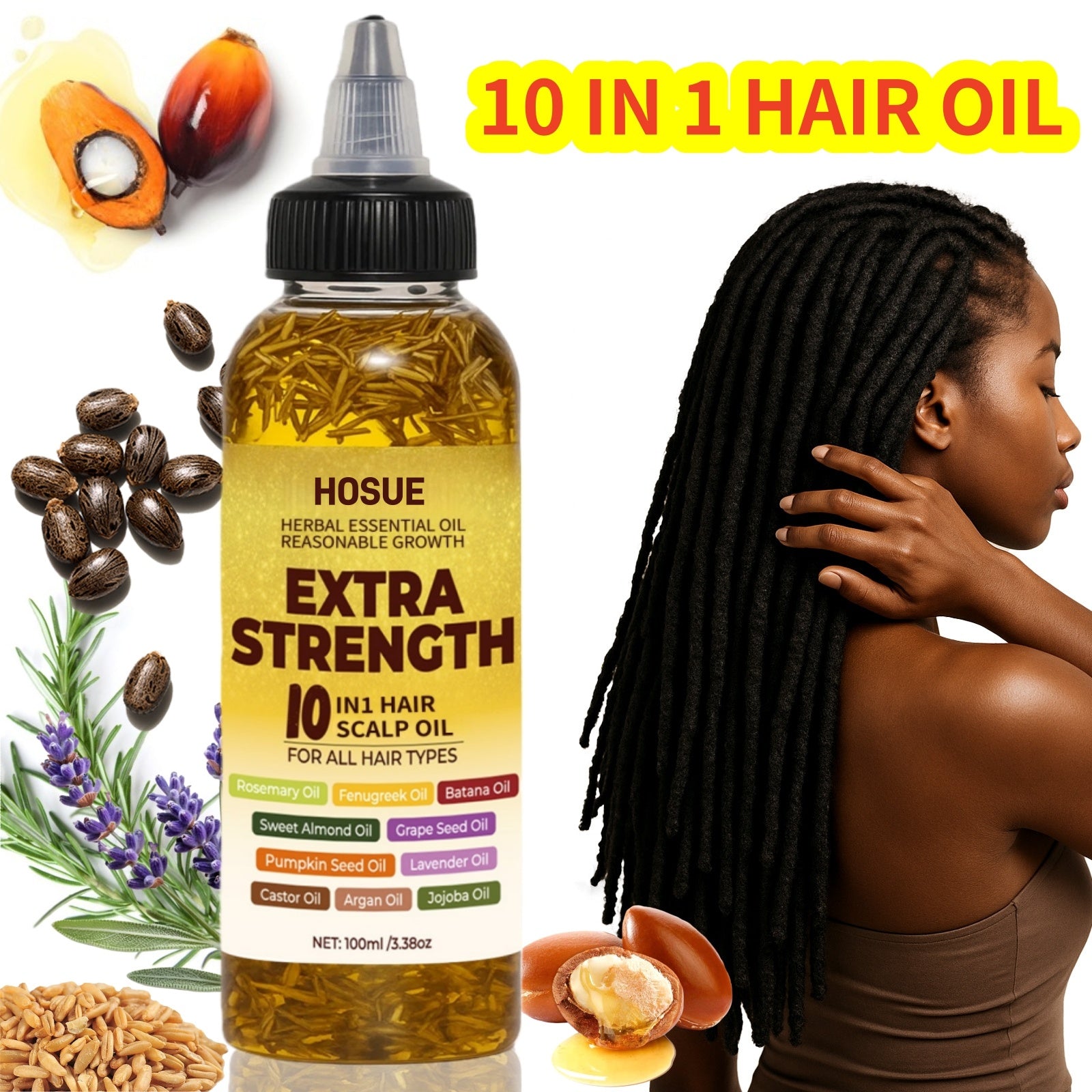 3.38oz Botanical Hair Oil, 10-In-1 Herbal Hair Essential Oils, Contains Batana Oil, Rosemary, Fenugreek, Pumpkin Seed Oil, for All Damaged Hair And Scalp Types, Multi-Effect Nourishment, Enhance Shine & Strengthen Hair | Father'S Day Gift