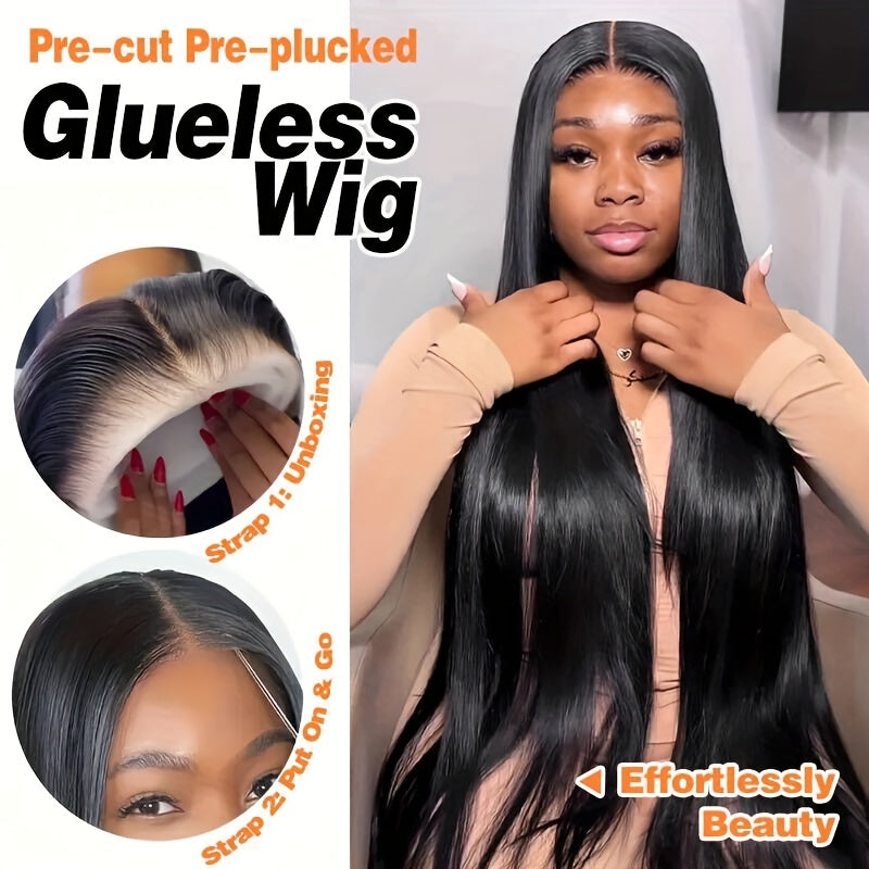 Pre Cut Glueless Wigs Real Human Hair Put on And Go Bone Straight Human Hair Wigs for Women Pre Plucked 6X4.5 Ready to Wear Instantly Without Glue 3 Seconds to Wear Glueless Wig 200 Density Transparent Lace Front Human Hair Wigs Halloween Costume