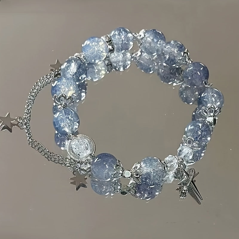 (100pcs) 4Pack Glossy Long Ballerina Fake Nails And 4pcs Bracelet Blue Gradient Press on Nails with 3D Flower Butterfly Rhinestone Design Beads Bangle Sparkling Full Cover False Nails for Women