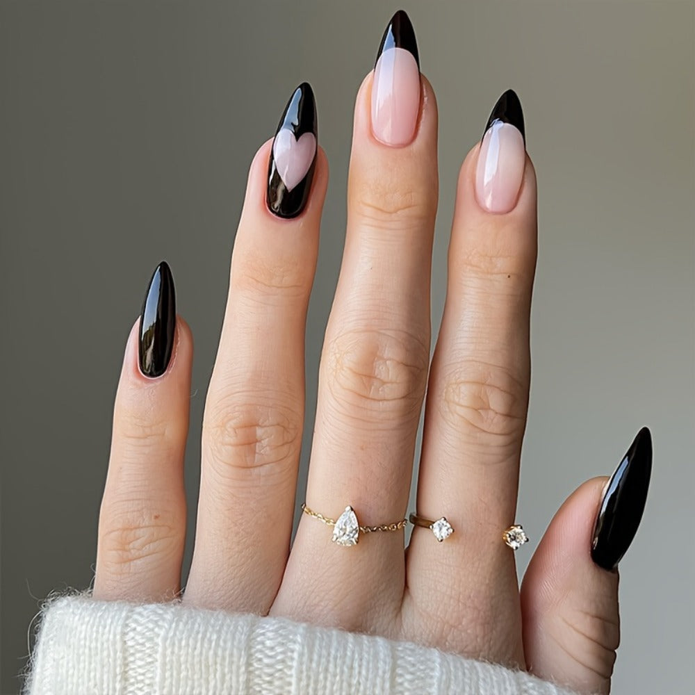 144pcs Pink Press On Nails Short Almond - Flower Small Flowers Fake Nails Rhinestone Press Ons Black French Nail Tip Glue On Nails with Cute Design Full Cover False Nails Stick On Nail Acrylic Nail Art Kit