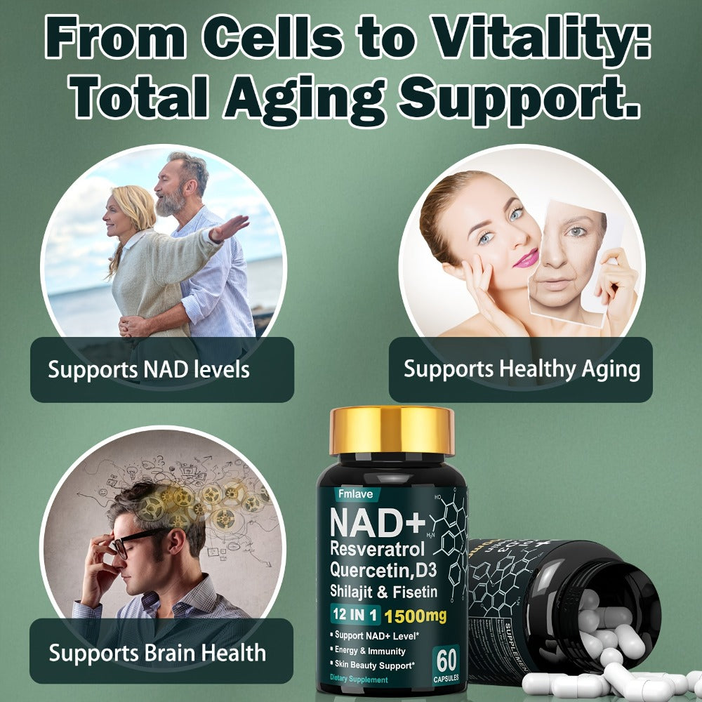 [NAD+YOUTH BOTTLE] 1500mg Per Serving] 12in 1 NAD+YOUTH BOTTLE- Extract With Nature Plants, Containing Nicotinamide Riboside, Quercetin, Support To Be Younger, Immune & Energy & Focus For Man & Women & Adult, 60 Capsules