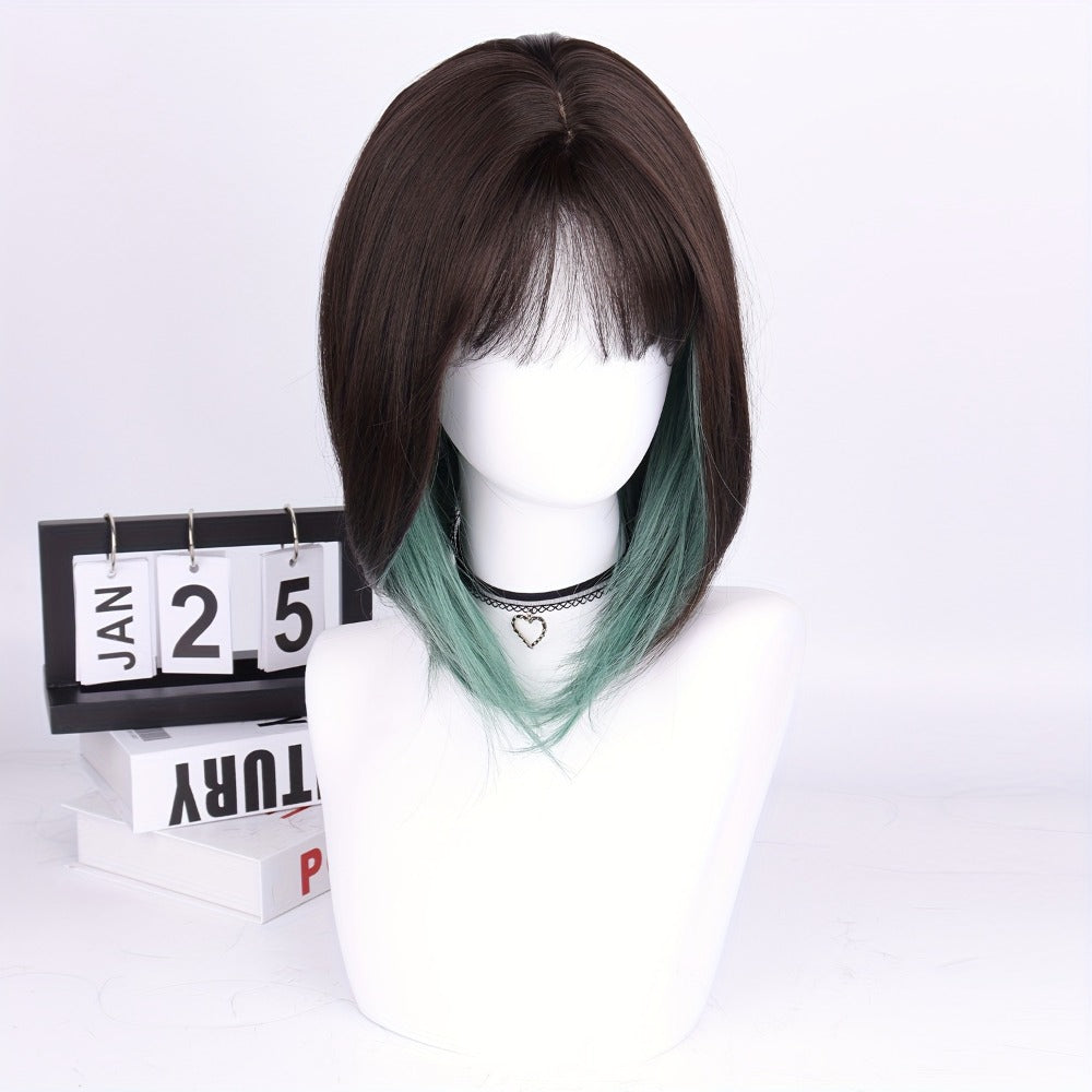 Synthetic Bob Wig with Bangs Ombre Color — 150% Density, Short Straight, Rose Net Cap, Brown Black with Wine Red, Pink or Green, 16 Inch, Halloween Cosplay Party