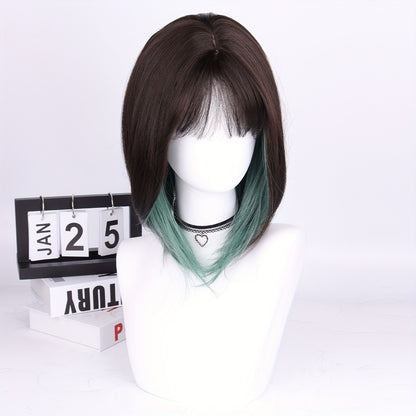 Synthetic Bob Wig with Bangs Ombre Color — 150% Density, Short Straight, Rose Net Cap, Brown Black with Wine Red, Pink or Green, 16 Inch, Halloween Cosplay Party