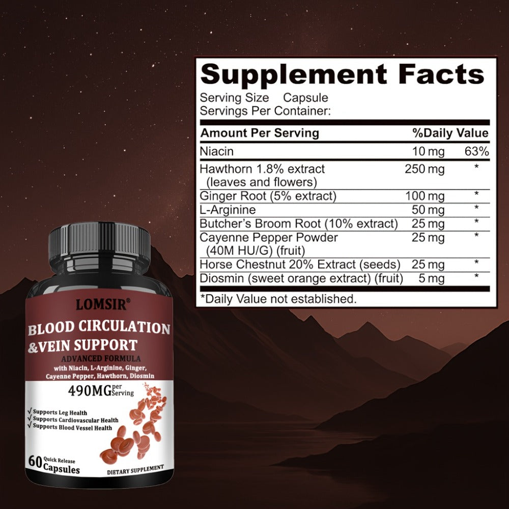 Blood Circulation Supplement, Supports Leg Vein, Heart, Vessels And Cardiovascular Health with Niacin, L-Arginine, Ginger, Cayenne Pepper, Hawthorn, Diosmin, Blood Flow Pills - 60 Capsules