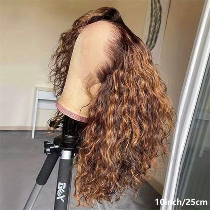 Water Wave Lace Front Wig Human Hair 13x4 — 4/27 Highlight Ombre Blonde, Brazilian Curly Short Bob, Full Lace Frontal Wig for Women, 10 Inch
