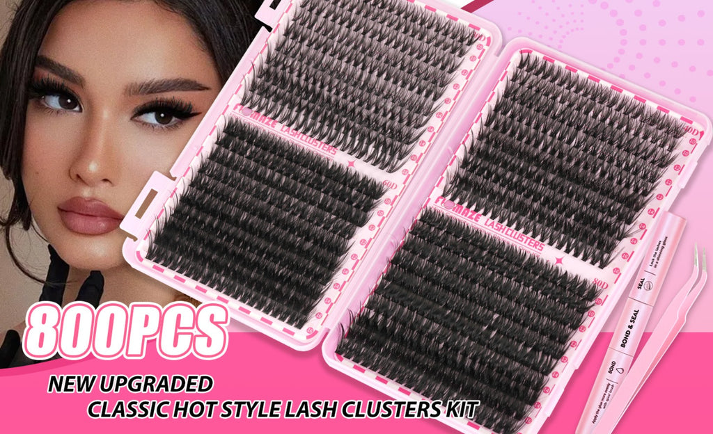 Lash Clusters Kit Wispy Volume Eyelash Extensions Mega Volume Cluster Lashes Mixed Length 800pcs-30D40D60D80D Volume Styles Kit With Bond Seal & Applicator Romantic For Prom Glam Lashes Party Lashes For Long Lasting Prom Look