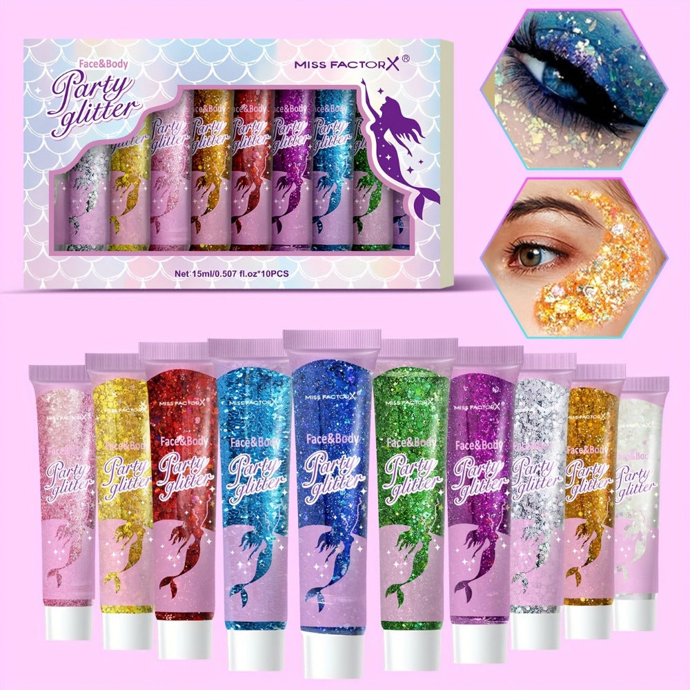 10 Color Set Face & Body Glitter - Cosmetic-Grade Holographic Glitter Gel - Makeup For Festivals, Raves, Anime Cosplay - Safe For Face, Easy Application & Removal