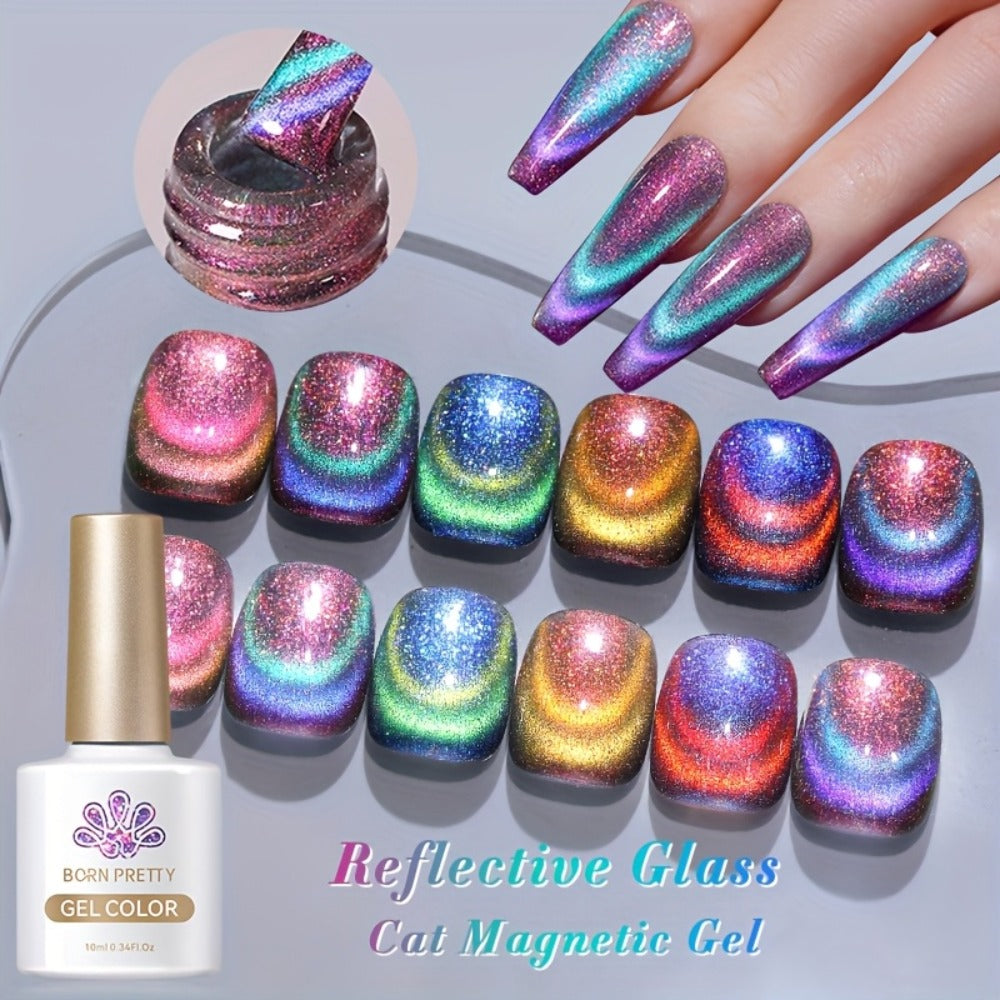 BORN PRETTY 0.34oz 6pcs Double Light Reflective Glass Cat Magnetic Gel Polish for Halloween Party Sparkling Rainbow Color Gel Soak Off