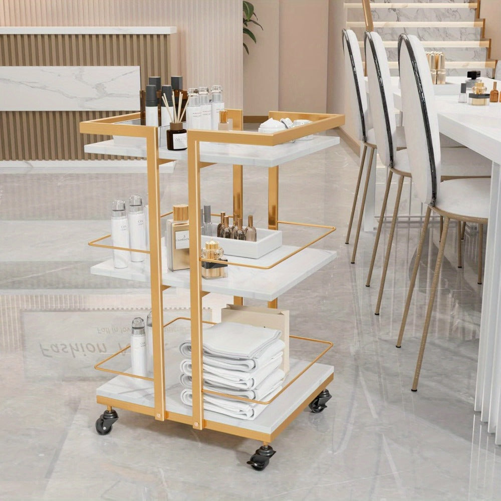 Esthetician Cart with Wheels Utility Salon Rolling Trolley, Golden Mobile Storage Organizer for Beauty Spa Cosmetology Massage, Tattoo Manicure Facial Tool Holder Station