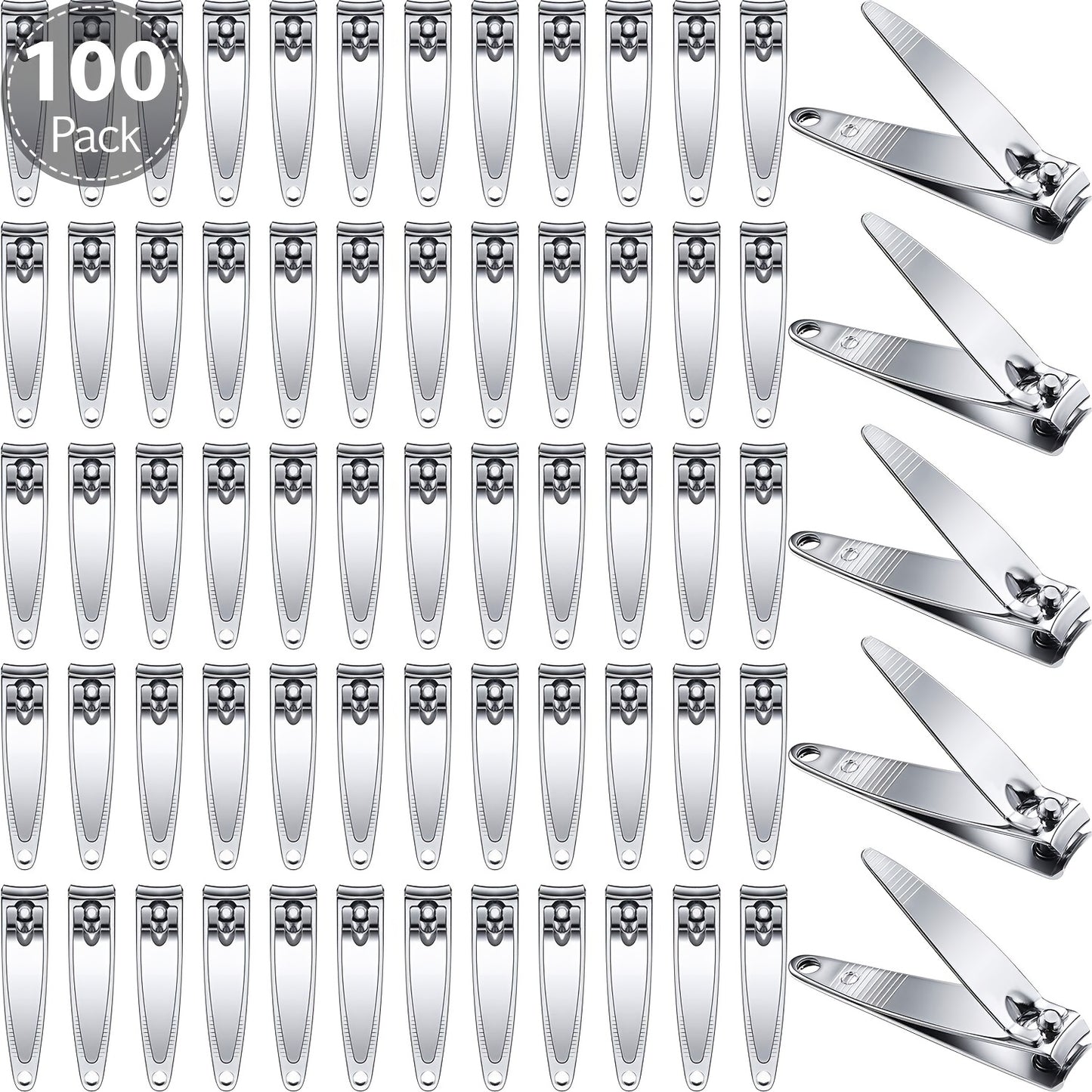 Nail Clippers Bulk 100pcs Stainless Steel - Heavy Duty Fingernail & Toenail Trimmer with Concave Blade & Pointed Tip, Non-Folding Portable Manicure Pedicure Set for Men & Women