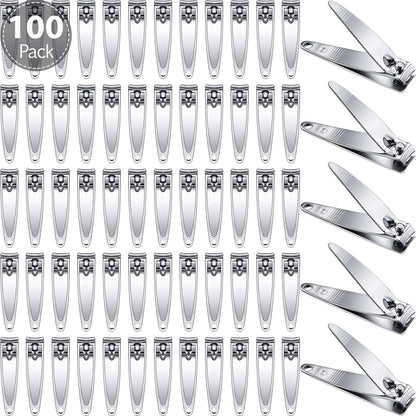 Nail Clippers Bulk 100pcs Stainless Steel - Heavy Duty Fingernail & Toenail Trimmer with Concave Blade & Pointed Tip, Non-Folding Portable Manicure Pedicure Set for Men & Women