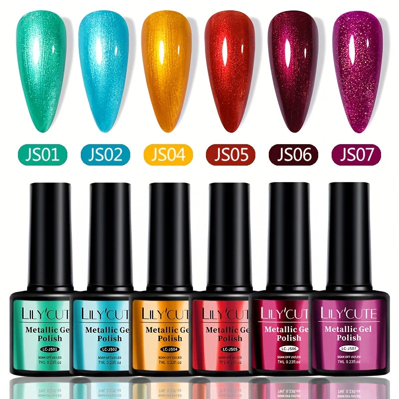 LILYCUTE 0.24oz 6pcs Metallic Gel Nail Polish Soak Off LED Glitter Gel Nail Art Supplies Glittery Red Purple Color Gel Polish Kit