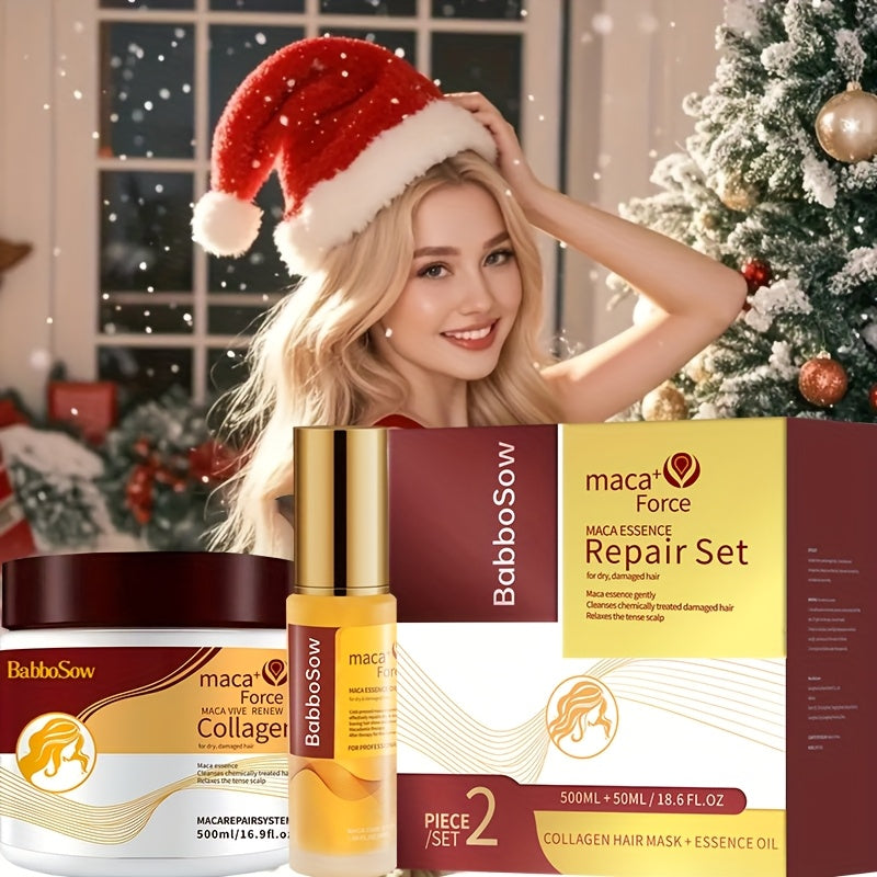 Collagen Hair Deep Conditioning Hair Mask Argan Oil Set |Maca Collagen Essence Repairing Hair Mask & Oil Set| Deep Conditioning for Damaged, Dry Hair - Restores Shine, Adds Strength & Elasticity Holiday Gifts for Women