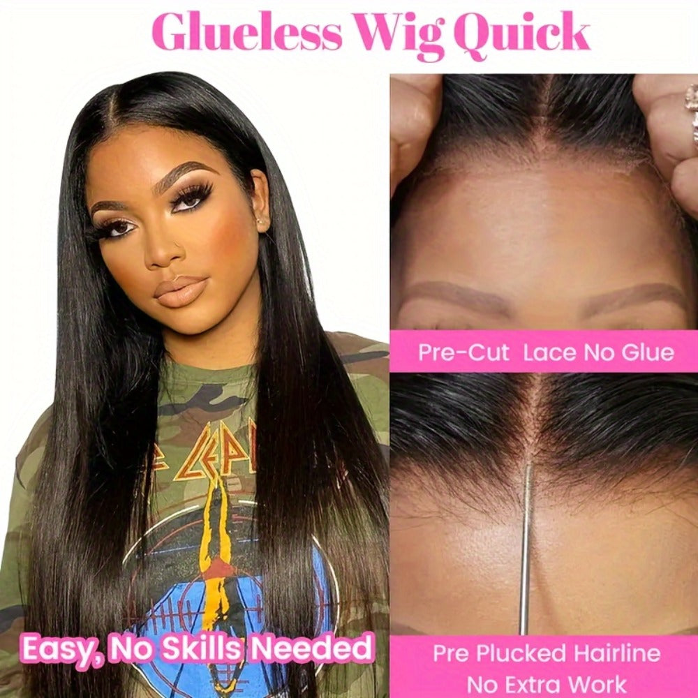 6x4.5 HD Lace Put On and Go Wig Human Hair Straight Glueless 250% Density Pre-Plucked Pre-Cut Pre-Bleached Knots Transparent Lace Front Wig 22-36 Inch Women