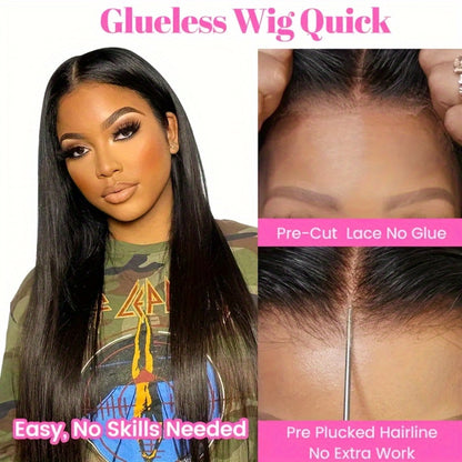 6x4.5 HD Lace Put On and Go Wig Human Hair Straight Glueless 250% Density Pre-Plucked Pre-Cut Pre-Bleached Knots Transparent Lace Front Wig 22-36 Inch Women