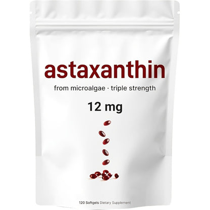 Astaxanthin 12mg Softgels 3 Pack 120 Count 4-Month Supply Triple Strength Antioxidant Supplement Fresh Microalgae Source Skin Eye Immune Joint Support Easy Swallow