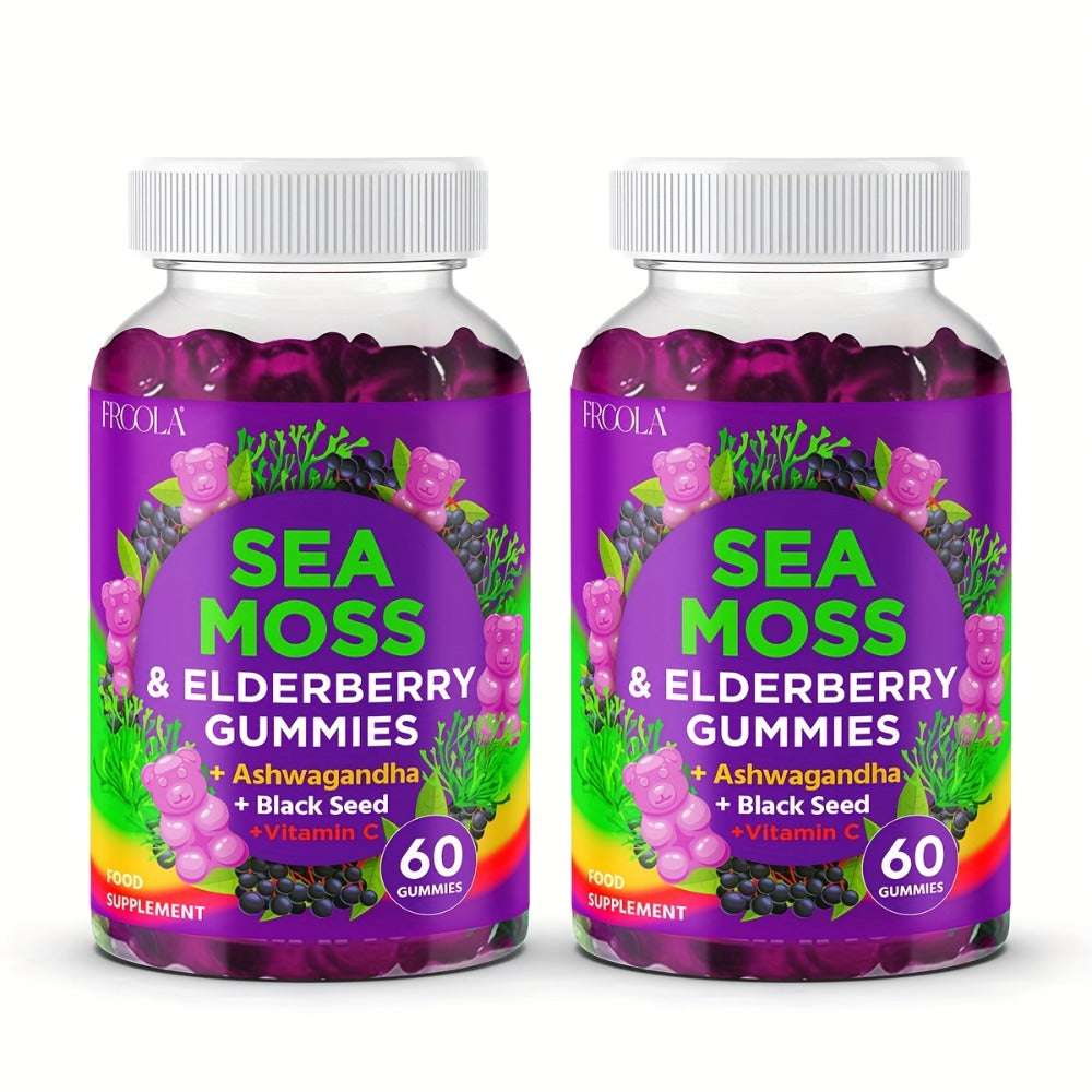 Sea Moss Gummies, with Turmeric, Ashwagandha, Sea Moss, Black Seed Oil, Ashwagandha, Ginger, Shilajit Gummies with Elderberry, Advanced Seamoss Vitamin Multi Mineral Complex Supplement Gummis for Energy, Immune- 60 Count